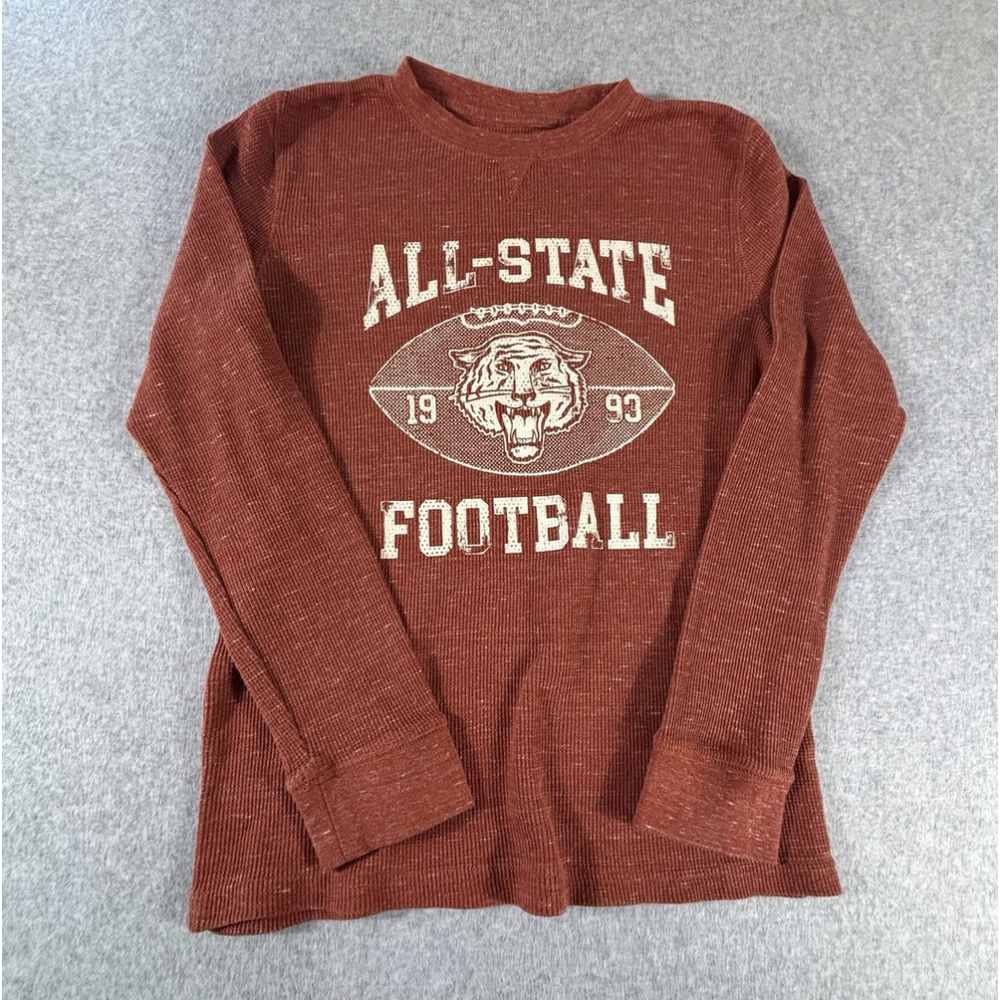 Thermal Shirt Womens Small Football Graphic Waffle Knit Rust Long Sleeve